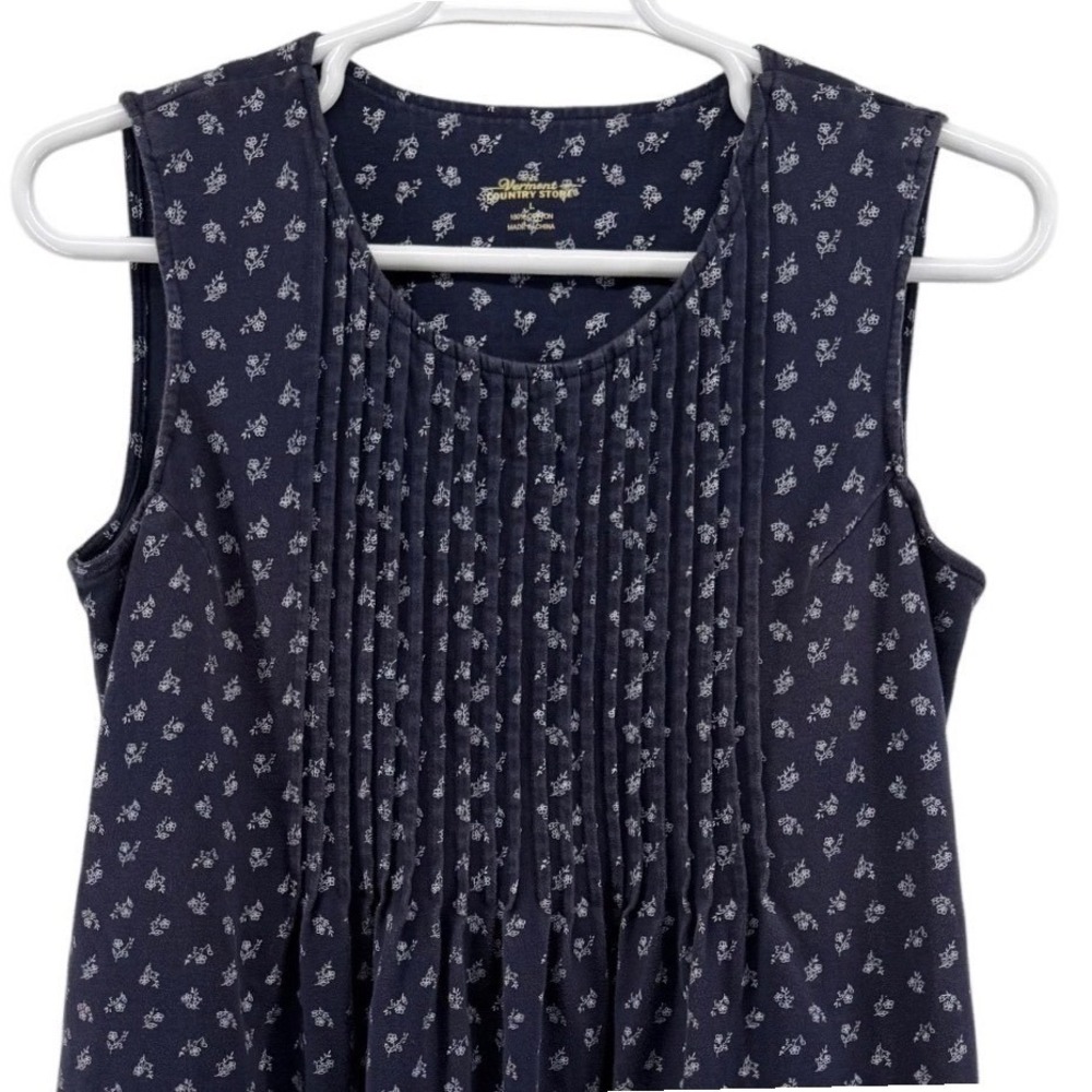 Vermont Country Store Womens Large Navy Blue Floral Pintuck Cotton Knit Dress L‎